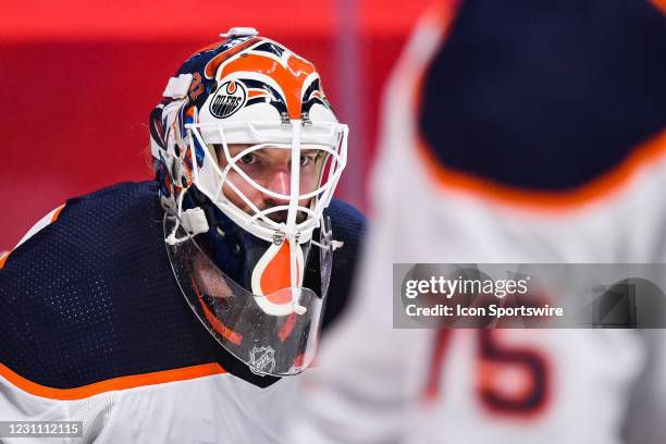 Look on Edmonton Oilers goalie Mike Smith during the Edmonton Oilers versus the Montreal Canadiens game on February 11 at Bell Centre in Montreal, QC