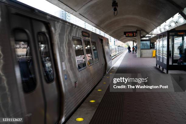 The Silver Spring Red Line Metrorail station in Silver Spring, MD is pictured on December 1, 2020. Metro announced budget cuts amid the coronavirus...