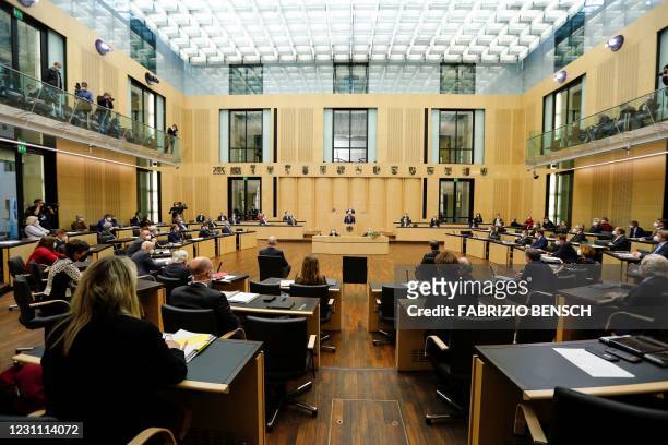 General view taken as German President Frank-Walter Steinmeier delivers a speech on the occasion of the 1000th session of the upper house of...