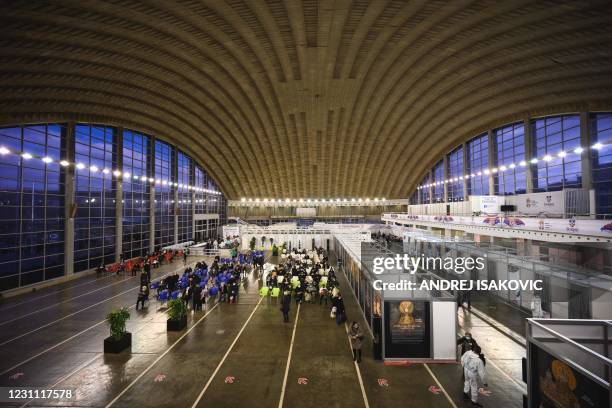 General view of the Belgrade Fair turned into a vaccination centre as people arrive to receive a dose of Chinese-made Sinopharm Covid-19 vaccine in...