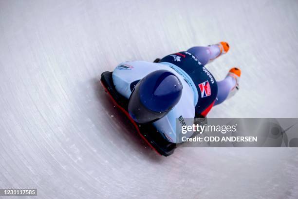 Britain's Matt Weston competes during the third run of the men's skeleton competition of the IBSF Skeleton World Championship in Altenberg, on...