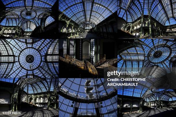 Combination of pictures created on February 12, 2021 shows views of the Grand Palais in Paris on February 11 one month before the building closes for...