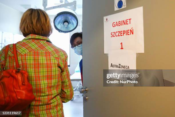 Teacher enters a vaccination room to be given the AstraZeneca vaccine at Krakow University Hospital on the first day of teachers' Covid-19...