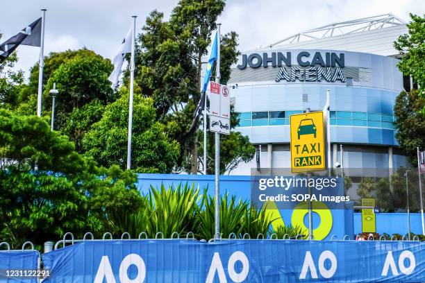 An empty taxi rank at the Australian Open Grand Slam tennis tournament with newly renamed John Cain Arena in Melbourne's Olympic Park.