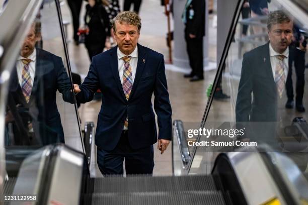 Senator Rand Paul walks through the Senate subway on his way to the fourth day of the Senates second impeachment trial of former President Donald...