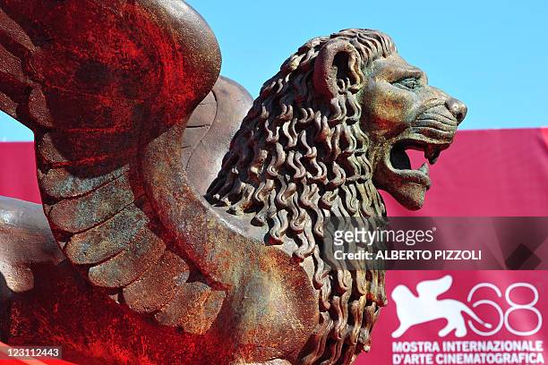 Sculpture of a lion is displayed outside the Casino on the eve of the opening of the 68th Venice International Film Festival on August 30, 2011....