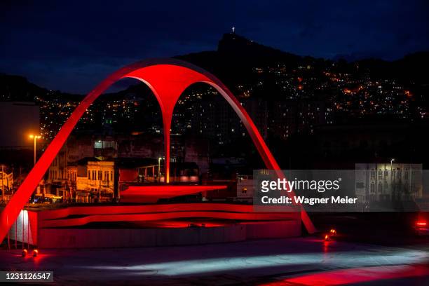 General view at the Marques de Sapucai Sambadrome with a special lighting in homage to the victims of Covid-19 on February 12, 2021 in Rio de...