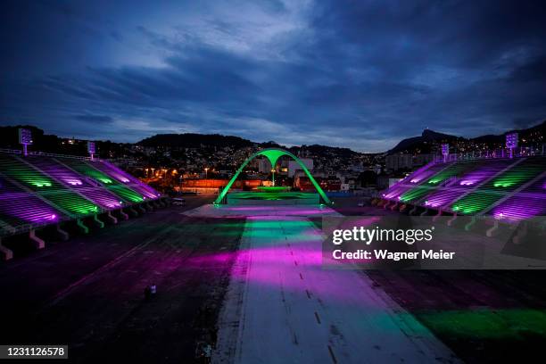 General view at the Marques de Sapucai Sambadrome with a special lighting in homage to the victims of Covid-19 on February 12, 2021 in Rio de...