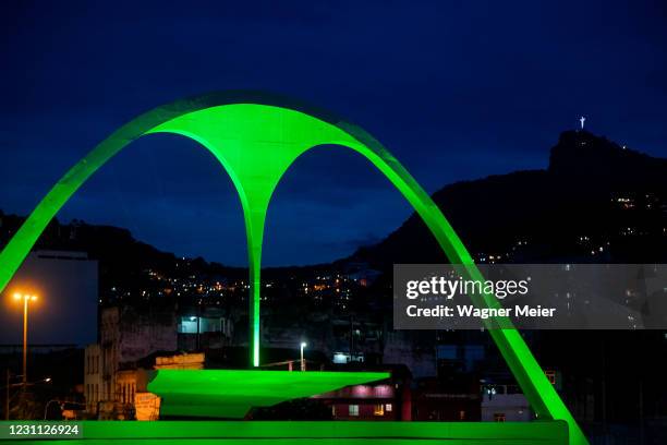 General view at the Marques de Sapucai Sambadrome with a special lighting in homage to the victims of Covid-19 on February 12, 2021 in Rio de...