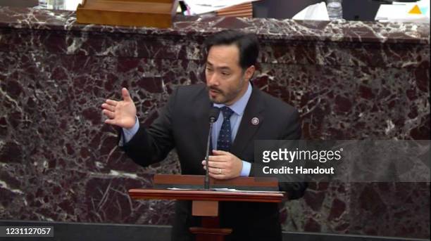 In this screenshot taken from a congress.gov webcast, House Impeachment manager Rep. Joaquin Castro speaks on the fourth day of former President...