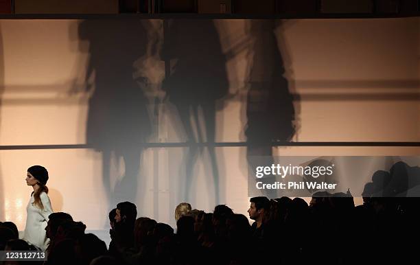 Model showcases designs by Stolen Girlfriends Club as part of New Zealand Fashion Week 2011 on August 31, 2011 in Auckland, New Zealand.