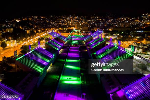 An aerial view at the Marques de Sapucai Sambadrome with a special lighting in homage to the victims of Covid-19 on February 12, 2021 in Rio de...