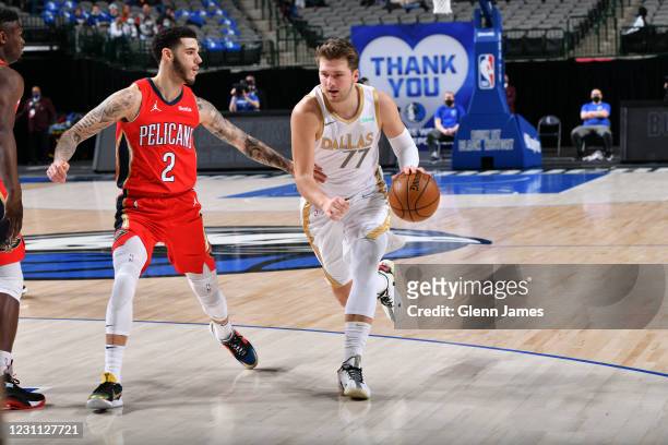 Luka Doncic of the Dallas Mavericks dribbles the ball during the game against the New Orleans Pelicans on February 12, 2021 at the American Airlines...