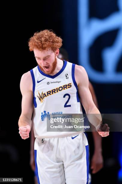 Nico Mannion of the Santa Cruz Warriors reacts to a play during the game against the Delaware Blue Coats on February 12, 2021 at AdventHealth Arena...