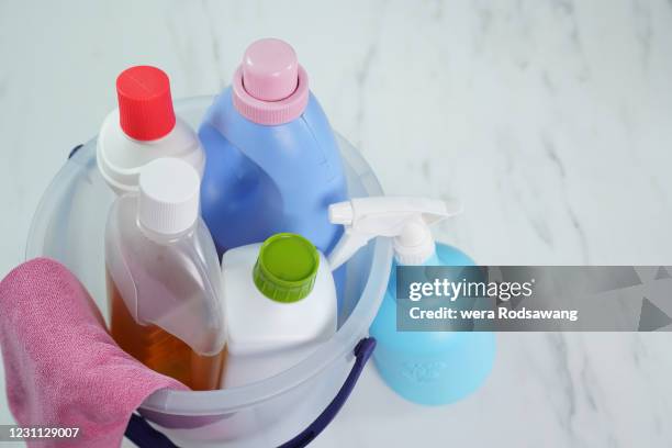 house cleaning supplies - chemical products stock-fotos und bilder