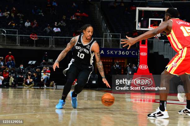 DeMar DeRozan of the San Antonio Spurs drives to the basket against the Atlanta Hawkson February 12, 2021 at State Farm Arena in Atlanta, Georgia....