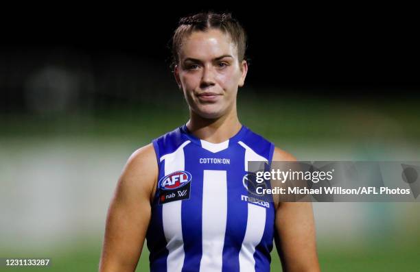 Grace Campbell of the Kangaroos looks dejected after a loss during the 2021 AFLW Round 03 match between the Melbourne Demons and the North Melbourne...