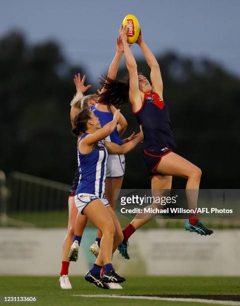 Gabrielle Colvin of the Demons marks the ball during the 2021 AFLW Round 03 match between the Melbourne Demons and the North Melbourne Kangaroos at...