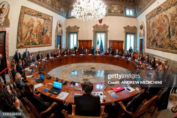 General view shows new Italian Premier Mario Draghi presiding over his first cabinet meeting on February 13, 2021 at opalazzo Chigi in Rome,following...