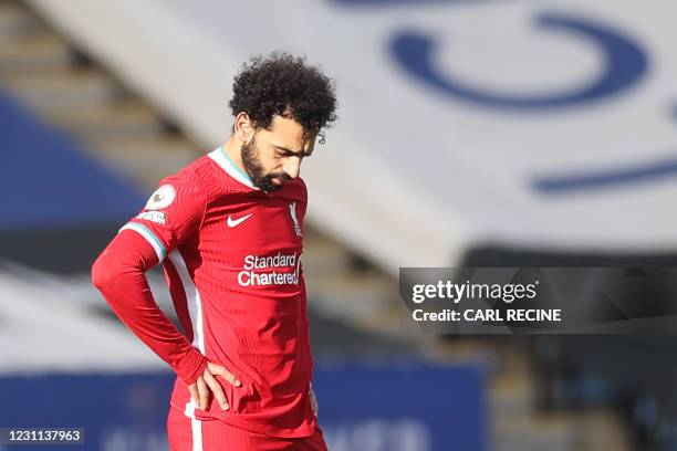 Liverpool's Egyptian midfielder Mohamed Salah reacts during the English Premier League football match between Leicester City and Liverpool at King...