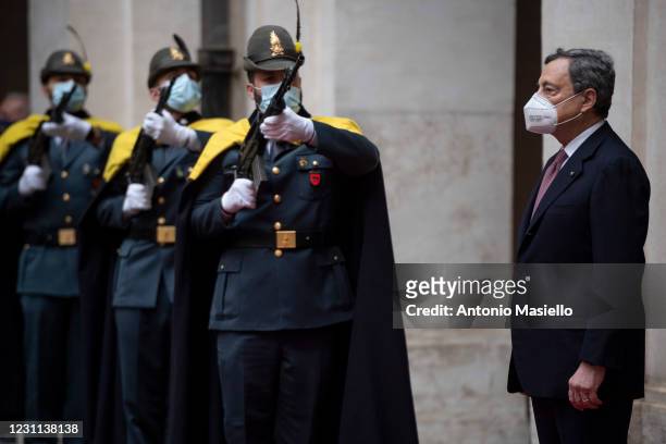 Italian Prime Minister Mario Draghi arrives at Palazzo Chigi for a formal handover ceremony and the first Ministry Council meeting of the new Italian...