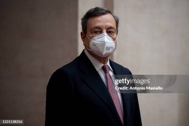 Italian Prime Minister Mario Draghi arrives at Palazzo Chigi before the first Ministry Council meeting of the new Italian government, on February 13,...