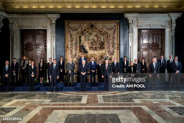 Italian President Sergio Mattarella and Members of the new government led by Prime Minister Mario Draghi pose for a picture after the swearing-in...