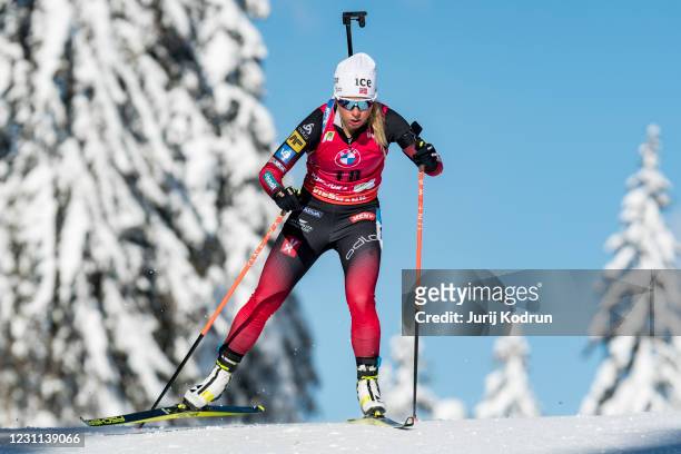Tiril Eckhoff of Norway competes during the Women 7.5 km Sprint Competition at the IBU World Championships Biathlon Pokljuka on February 13, 2021 in...