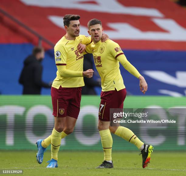 Johann Gudmundsson of Burnley celebrates scoring their 1st goal with Matthew Lowton of Burnley during the Premier League match between Crystal Palace...