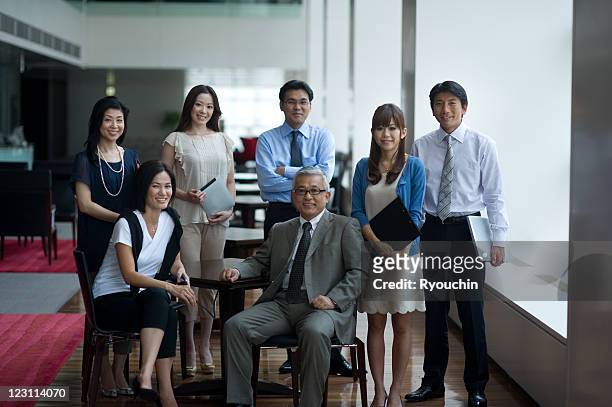 superior and colleagues of smile in office - only japanese stock pictures, royalty-free photos & images