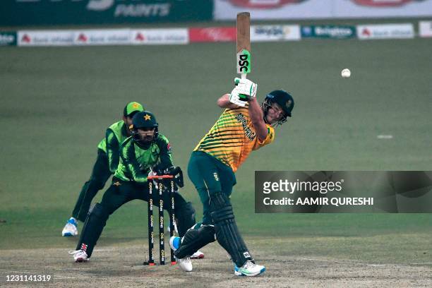 South Africa's David Miller plays a shot during the second T20 international cricket match between Pakistan and South Africa at the Gaddafi Cricket...