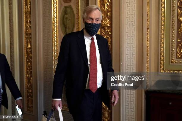 Sen. Angus King is seen in the Senate Reception room as the Senate takes a short recess on the fifth day of the Senate Impeachment trials for former...