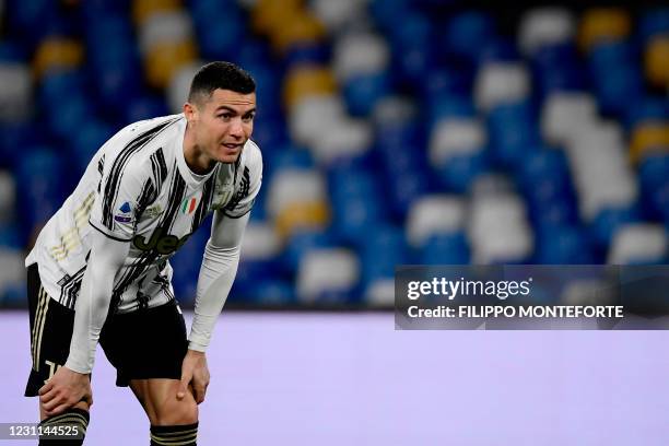 Juventus' Portuguese forward Cristiano Ronaldo reacts during the Italian Serie A football match Napoli vs Juventus on February 13, 2021 at the Diego...