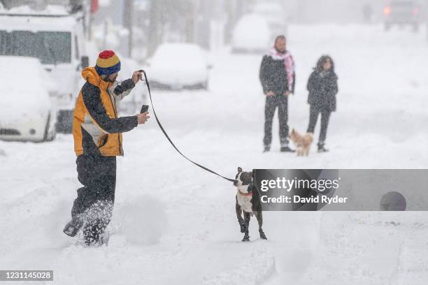 Person runs with a dog along a snowy street on February 13, 2021 in Seattle, Washington. A large winter storm dropped heavy snow across the region.
