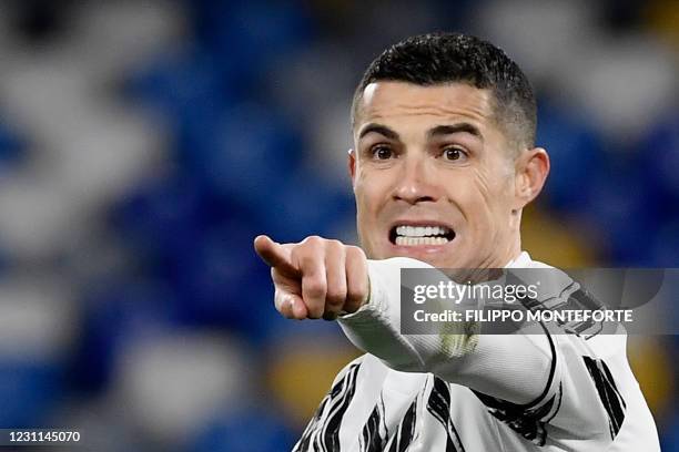 Juventus' Portuguese forward Cristiano Ronaldo reacts during the Italian Serie A football match Napoli vs Juventus on February 13, 2021 at the Diego...