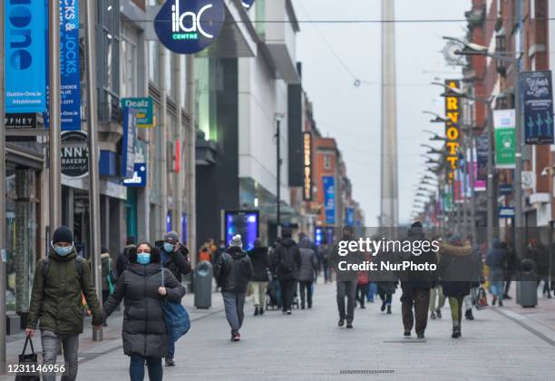 View of a busy Henry Street in Dublin city center, during Level 5 Covid-19 lockdown. On Saturday, February 13 in Dublin, Ireland.