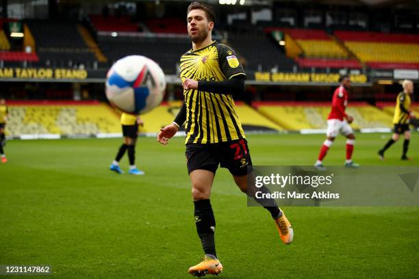 Kiko Femenia of Watford during the Sky Bet Championship match between Watford and Bristol City at Vicarage Road on February 13, 2021 in Watford,...