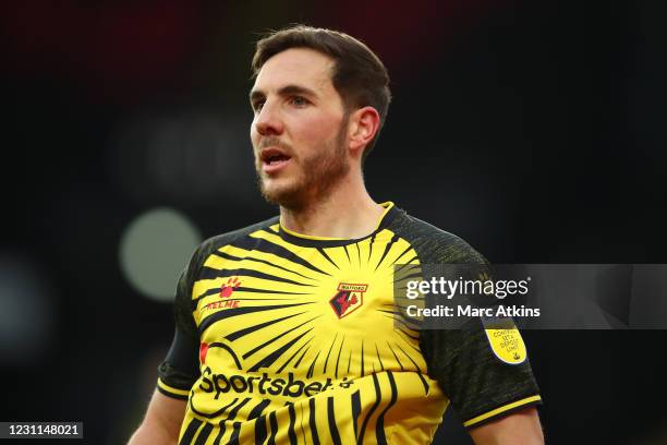 Dan Gosling of Watford during the Sky Bet Championship match between Watford and Bristol City at Vicarage Road on February 13, 2021 in Watford,...