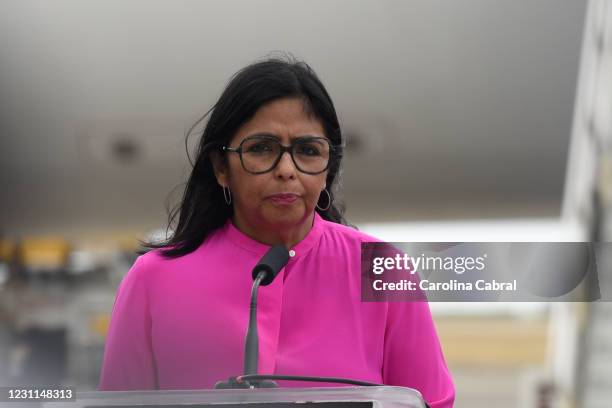 Vice President of Venezuela Delcy Rodriguez addresses the media as the first batch of 100,000 doses of coronavirus vaccines arrive at Simon Bolivar...