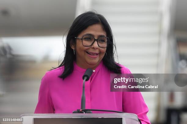 Vice President of Venezuela Delcy Rodriguez addresses the media as the first batch of 100,000 doses of coronavirus vaccines arrives at Simon Bolivar...