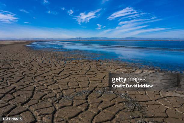 In an aerial view from a drone, the bottom of the Salton Sea becomes exposed as its waters recede on February 13, 2021 near Calipatria, California....