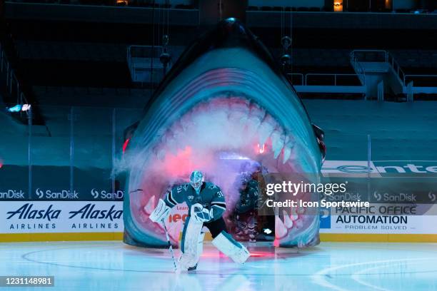 San Jose Sharks goaltender Martin Jones skates onto the ice before the NHL hockey game between the Vegas Golden Knights and the San Jose Sharks on...