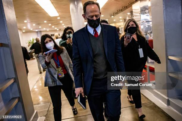 Senator Pat Toomey walks through the Senate subway at the conclusion of former President Donald Trump's second impeachment trial February 13, 2021 in...