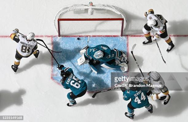 An overhead view as Jonathan Marchessault of the Vegas Golden Knights scores a goal against the San Jose Sharks at SAP Center on February 13, 2021 in...