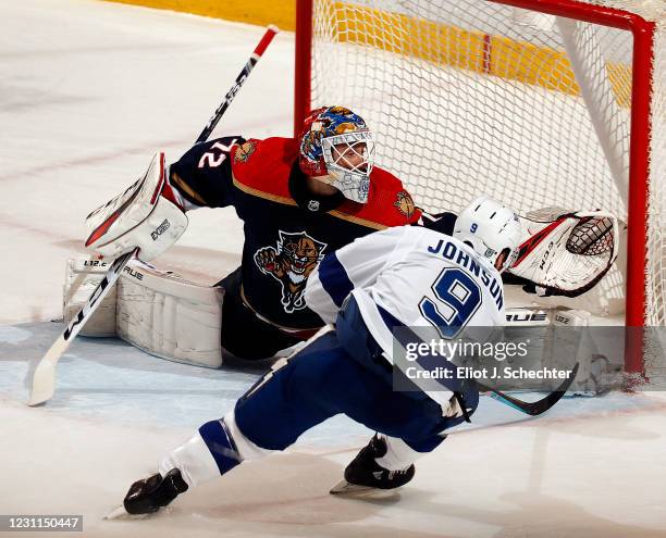 Goaltender Sergei Bobrovsky of the Florida Panthers defends the net against Tyler Johnson of the Tampa Bay Lightning at the BB&T Center on February...