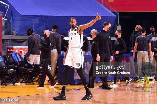 Kevin Durant of the Brooklyn Nets gives a thumbs up during the game against the Golden State Warriors on February 13, 2021 at Chase Center in San...