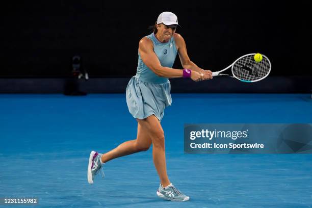 Iga Swiatek of Poland returns the ball during round 4 of the 2021 Australian Open on February 14 2020, at Melbourne Park in Melbourne, Australia.