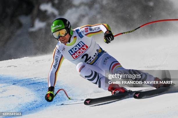 Germany's Andreas Sander competes during the Men's Downhill on February 14, 2021 during the FIS Alpine World Ski Championships in Cortina d'Ampezzo,...