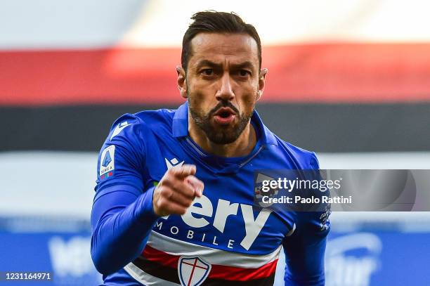 Fabio Quagliarella of UC Sampdoria celebrates during the Serie A match between UC Sampdoria and ACF Fiorentina- Serie A at Stadio Luigi Ferraris on...