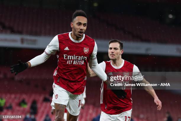 Pierre-Emerick Aubameyang of Arsenal celebrates after scoring a goal to make it 2-0 during the Premier League match between Arsenal and Leeds United...